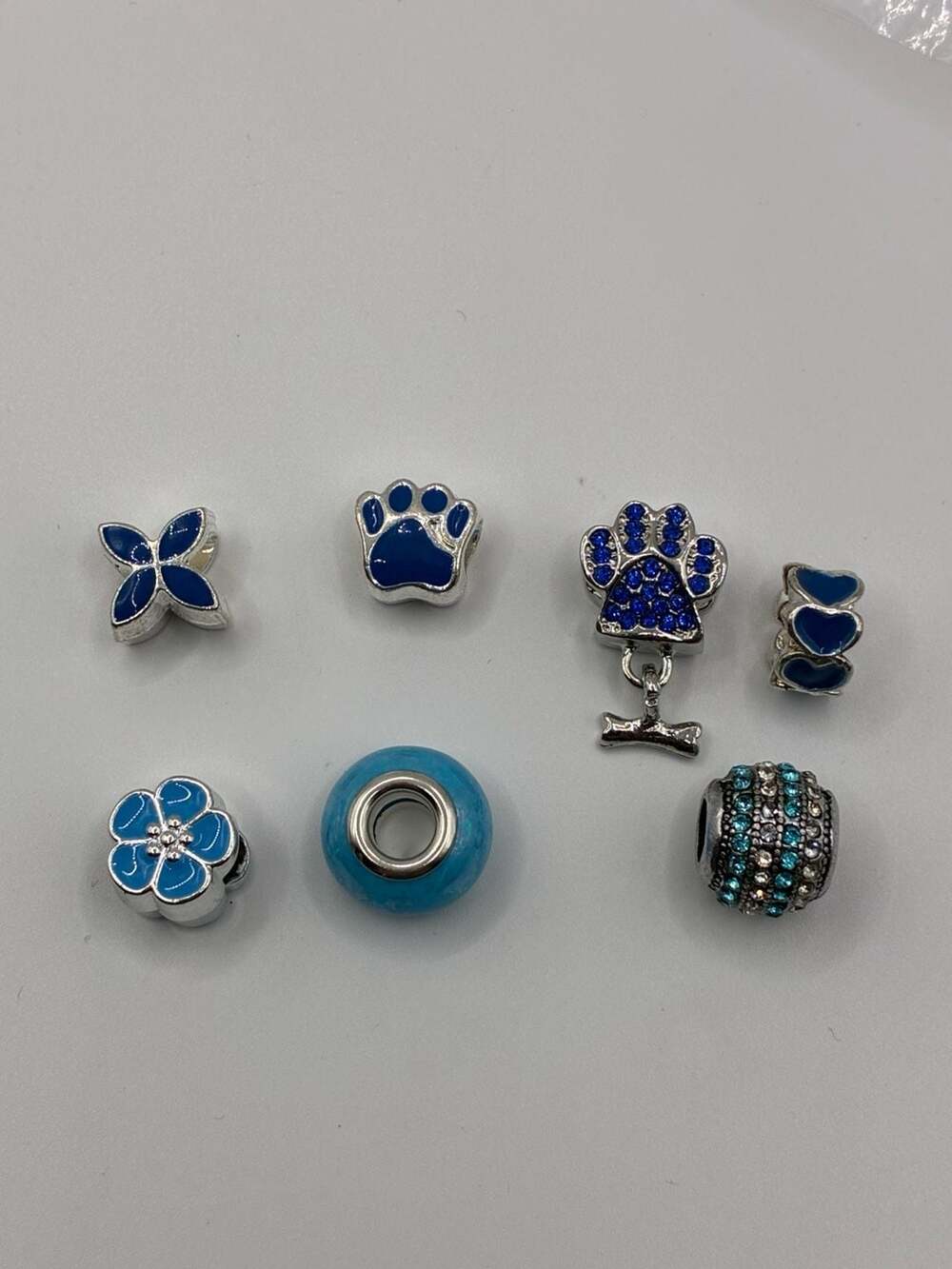 Assorted Blue Enamel and Crystal European Pandora-Style Charm Bracelet Beads Set